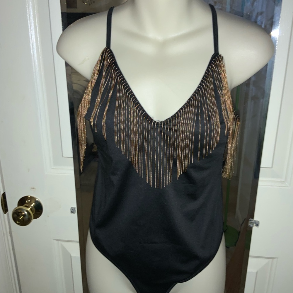 Chic Black and Gold Fringe Bodysuit